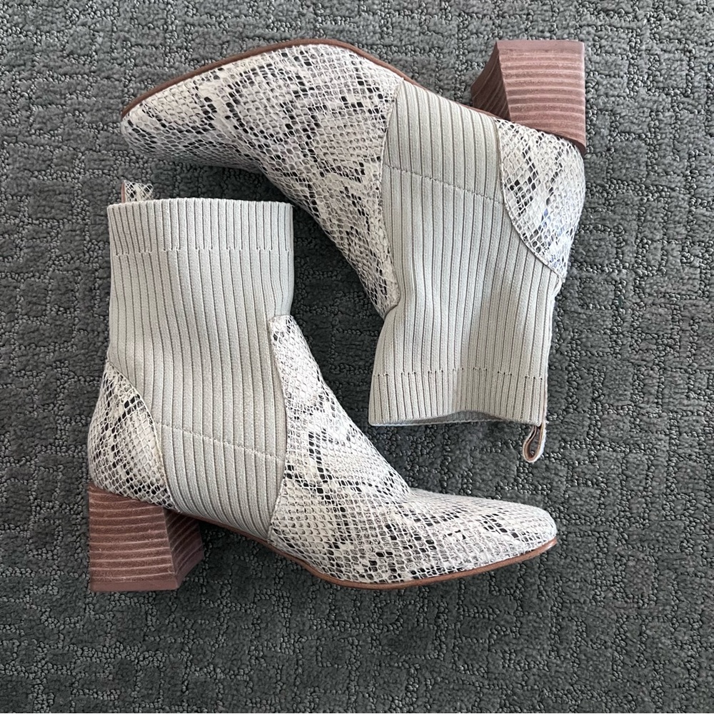 Cream and Brown Ankle Boots with Snakeskin Print and Chunky Heel